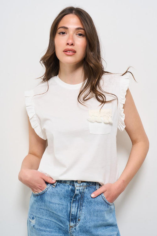 T-shirt donna girocollo bianca con rouches