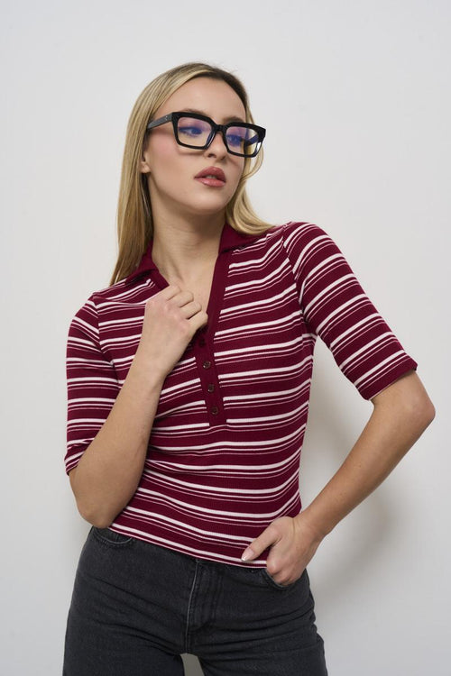 Red and white striped women's polo shirt