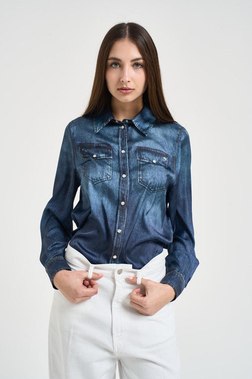 Camicia donna in raso simil denim blu