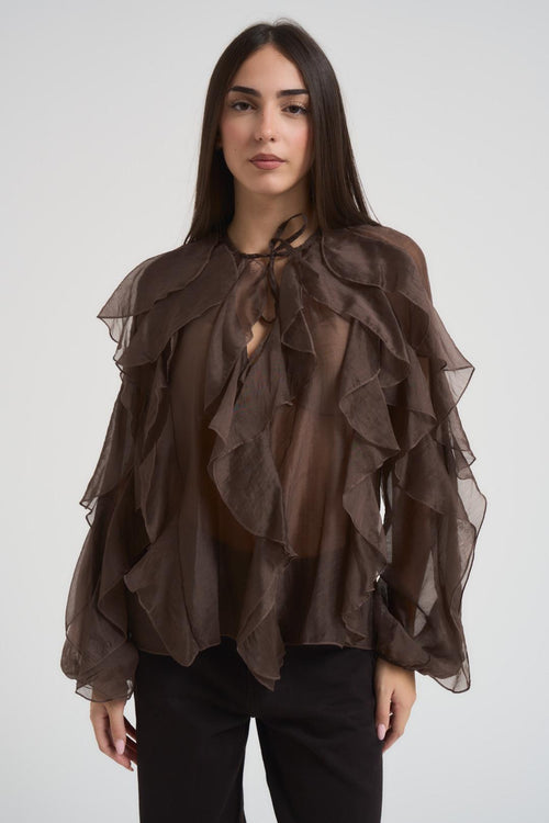 Blusa donna con volant cioccolato - 2