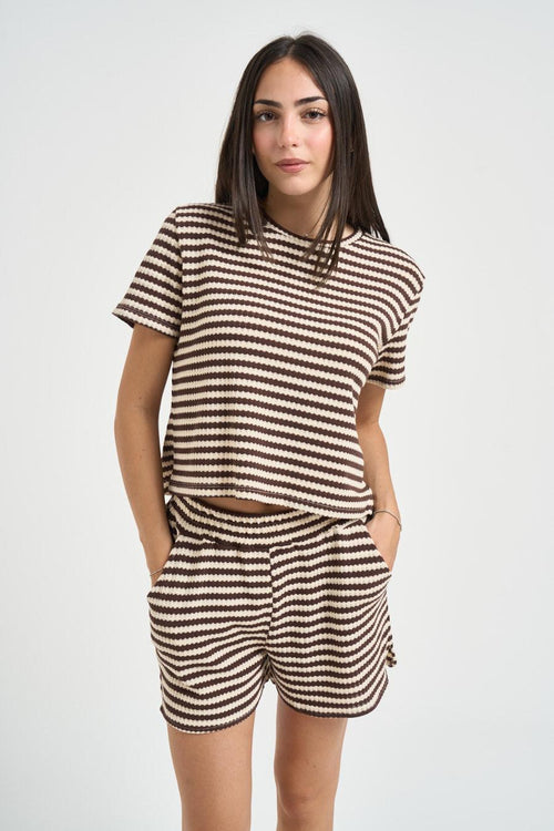 T-shirt donna a righe marrone e panna - 1