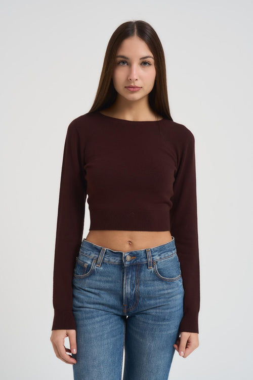 Maglia donna girocollo cropped marrone