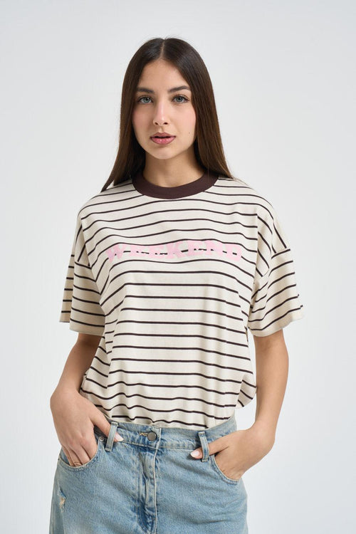 T-shirt donna panna a righe e marrone