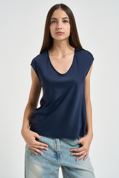 Blusa donna satinata blu navy