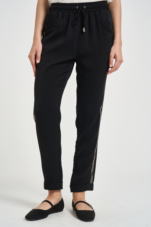 Pantalone donna tuta nero con strass