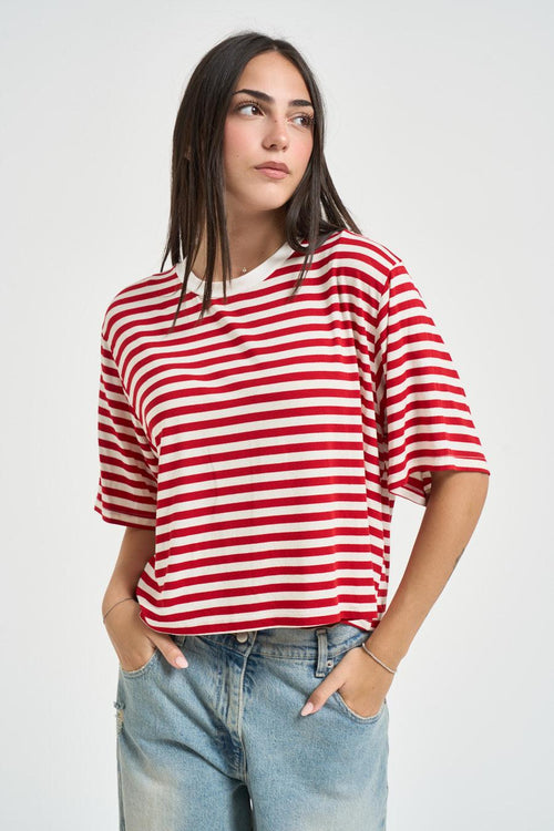 T-shirt donna a righe rossa e panna - 1