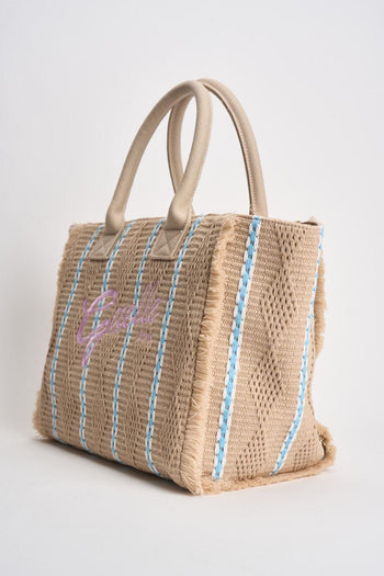 Borsa donna in rafia a righe beige - 3