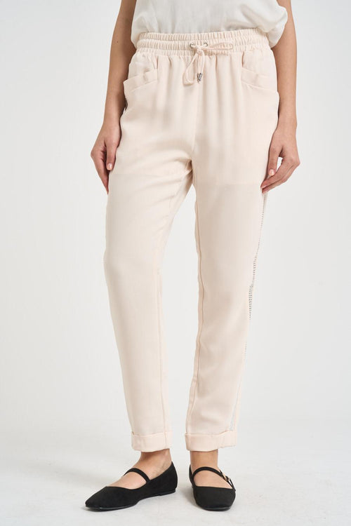 Pantalone donna tuta panna con strass