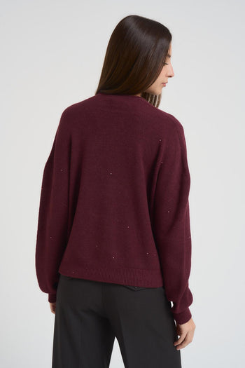 Cardigan donna scollo a V con strass bordeaux - 3