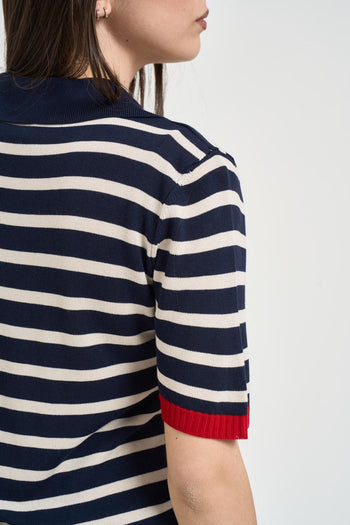 Polo donna a righe blu e panna - 5