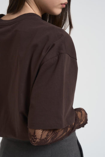 T-shirt donna con maniche in pizzo marrone - 4