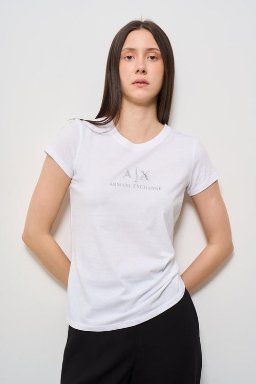 T-shirt donna girocollo bianca con strass