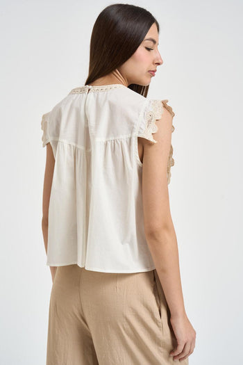 Blusa donna panna con dettagli in pizzo - 3