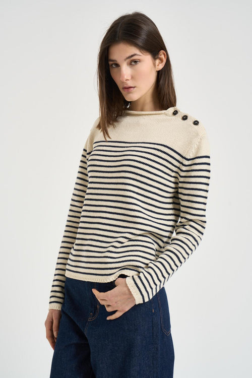 Maglia donna a righe panna e blu