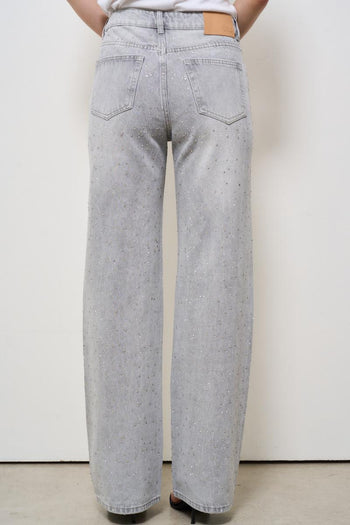 Jeans donna in denim grigio con strass - 5