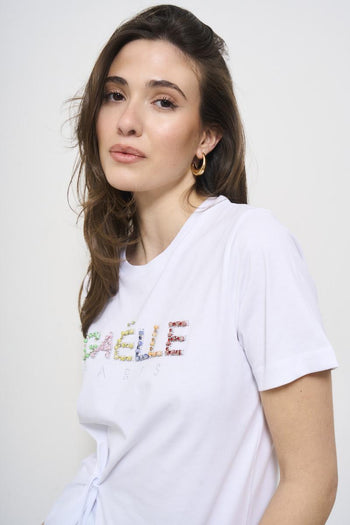 T-shirt donna bianca con strass colorati - 3