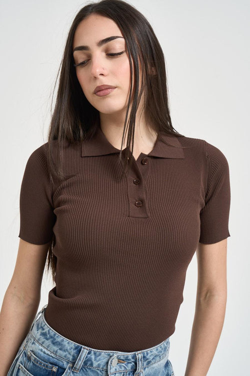 T-shirt donna marrone a costine - 2
