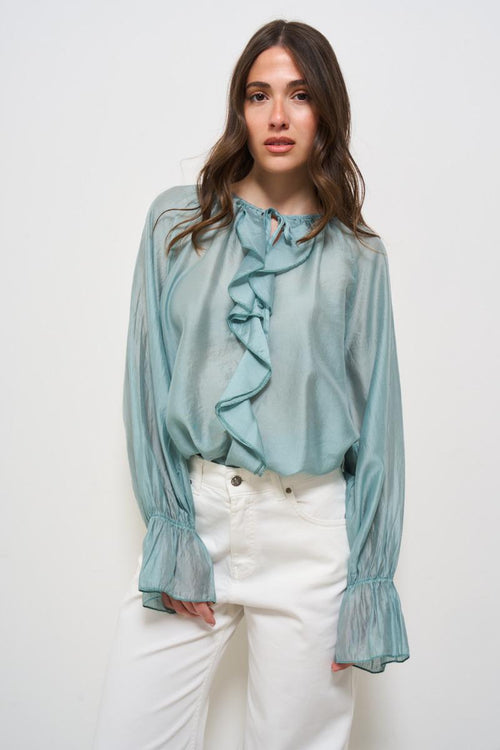 Blusa donna con rouches celeste