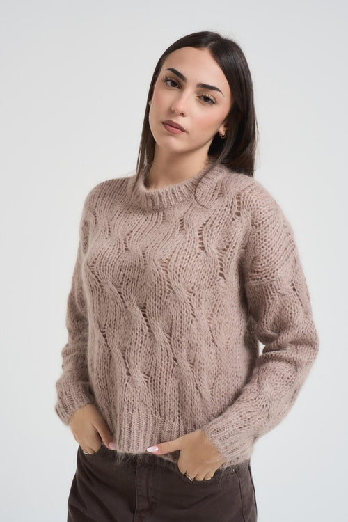 Maglia donna a trecce tortora