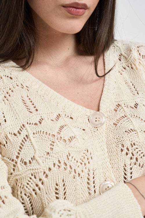 Cardigan donna cropped in maglia traforata panna - 2
