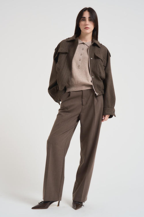 Bomber donna gessato in fresco lana marrone