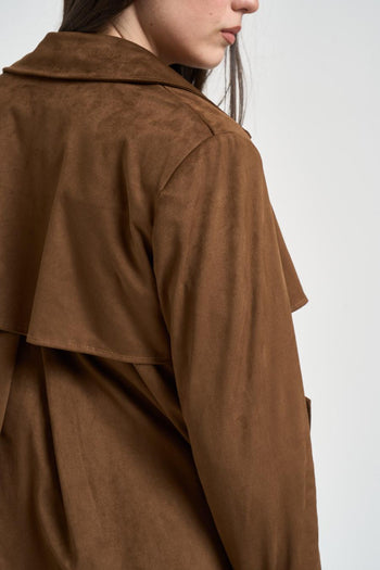 Trench donna corto in suede marrone - 5