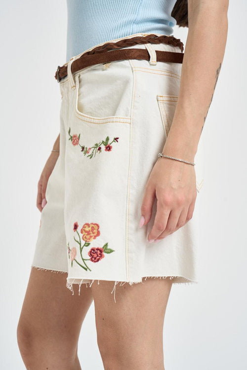 Bermuda donna con ricami in denim panna - 2
