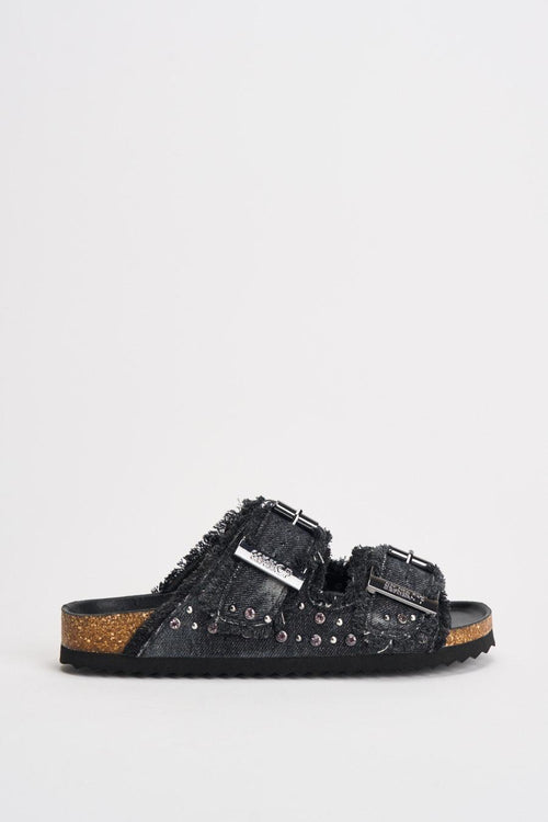 Sandali donna in denim nero con borchie