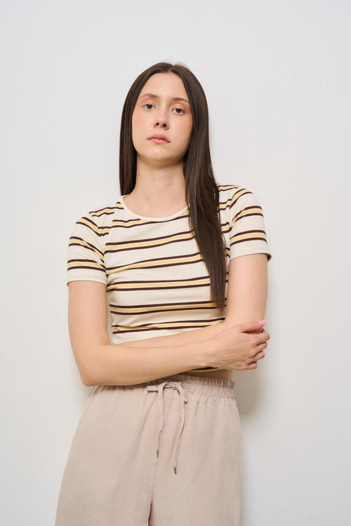 T-shirt donna girocollo a righe beige e panna