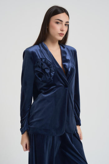 Giacca donna monopetto in velluto blu - 4