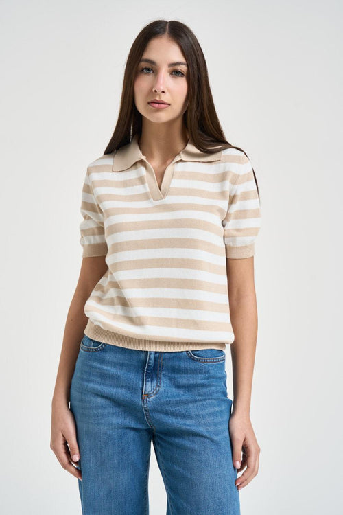 Polo donna in maglia a righe beige