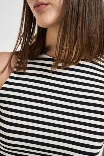 Top donna smanicato a righe nere e panna - 3
