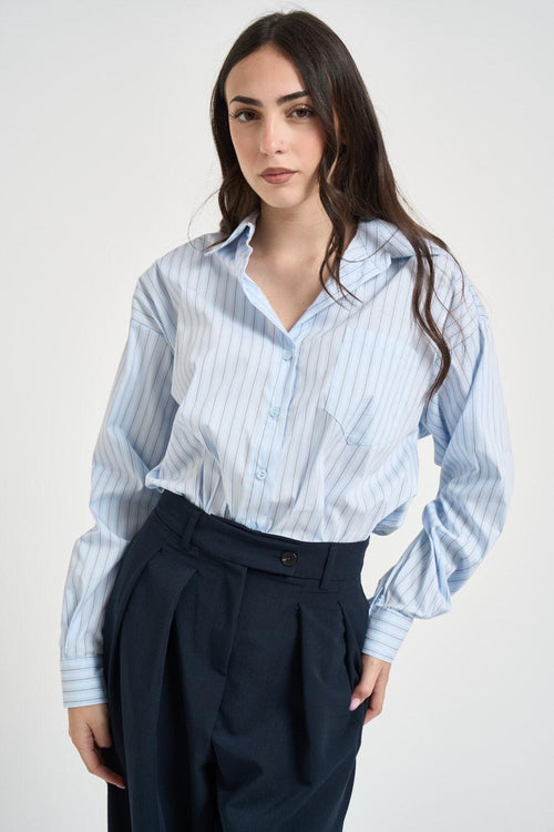 Camicia donna in cotone celeste e marrone