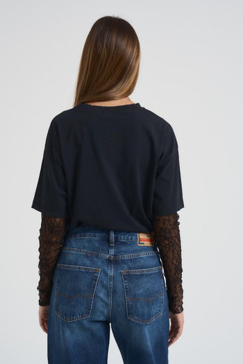 T-shirt donna nera con maniche in pizzo - 3