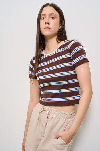 T-shirt donna girocollo a righe marroni e celeste - 4