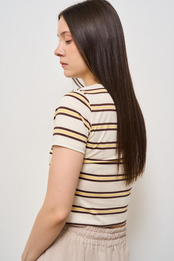 T-shirt donna girocollo a righe beige e panna - 3