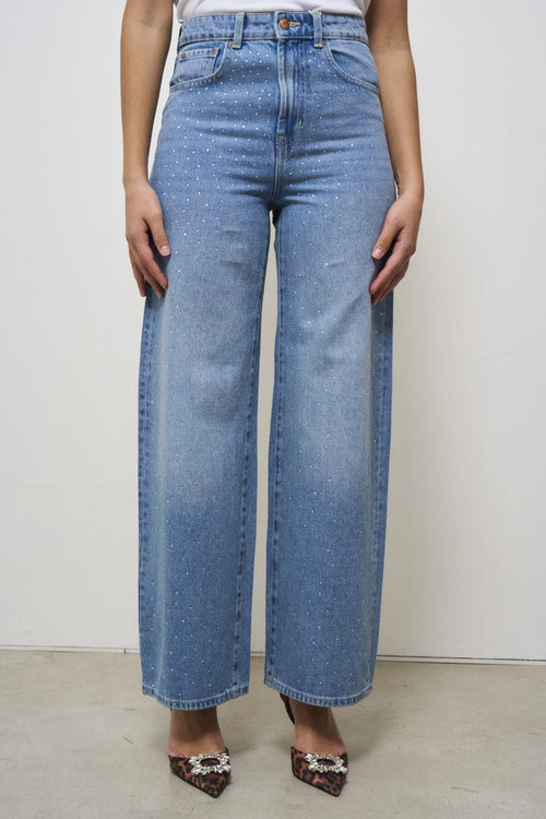 Jeans donna wide leg chiaro con strass