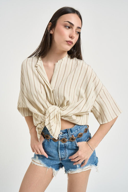 Camicia donna a righe beige e marrone - 2