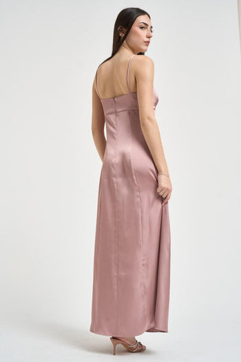 Abito lungo donna rosa cipria in raso fluido - 4