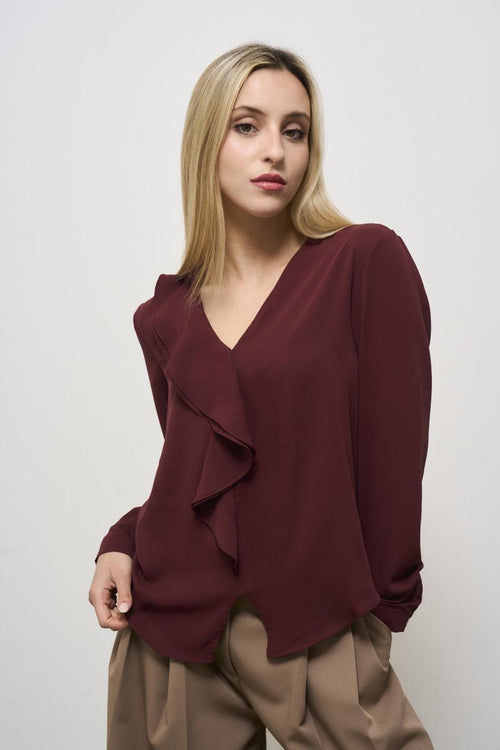 Women's blouse with burgundy ruffles