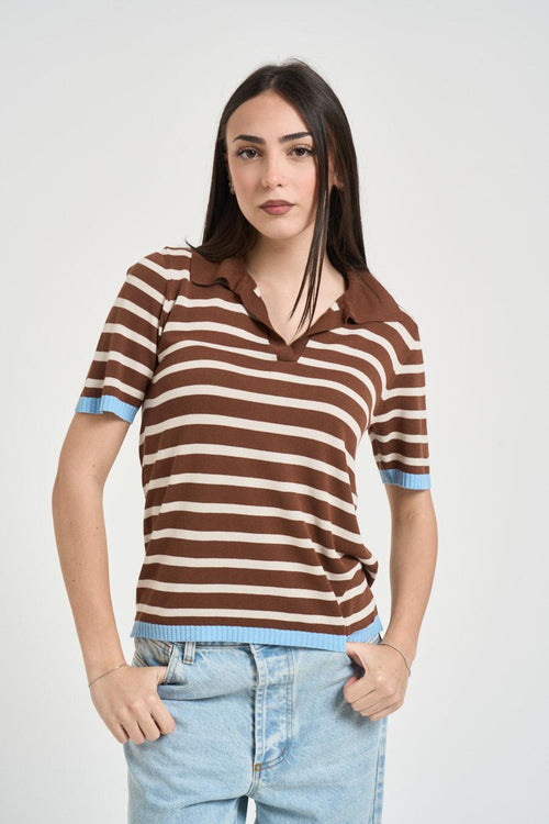 Polo donna a righe marrone e panna - 1
