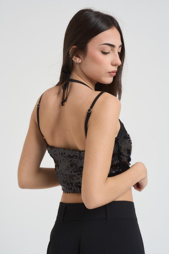Top donna cropped con paillettes nero - 3