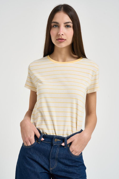 T-shirt donna girocollo a righe gialla