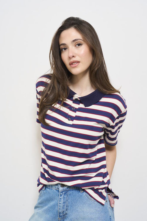 Women's blue striped polo shirt