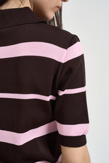 Polo donna a righe marrone e rosa - 5