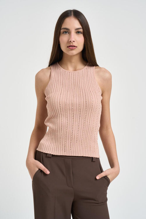 Top donna in maglia a costine rosa