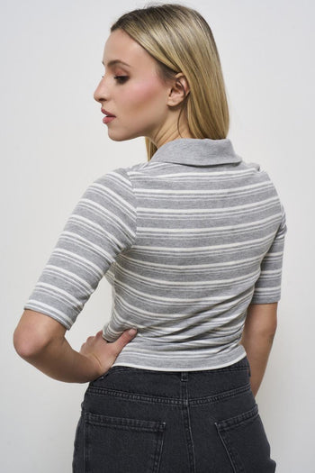 Polo donna a righe grigia e bianca - 3