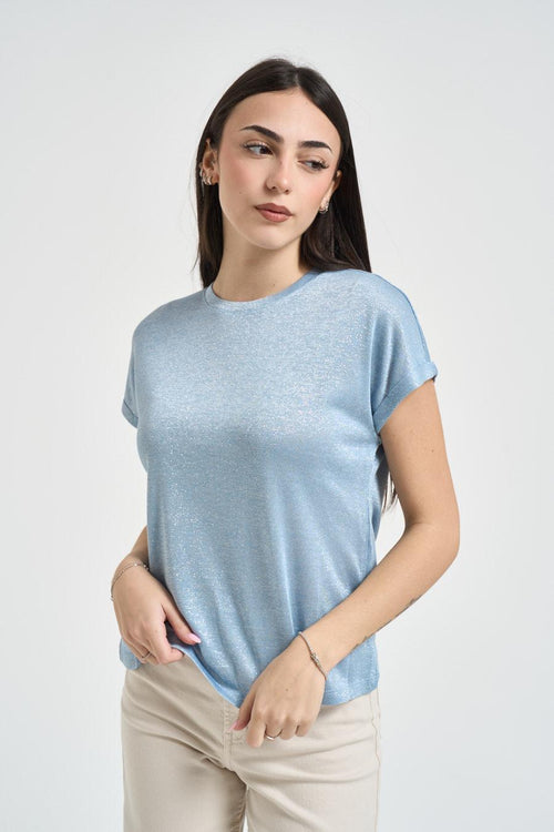 T-shirt donna effetto brillante celeste<BR/>