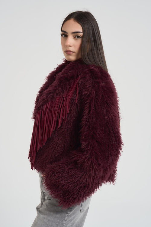 Ecopelliccia donna con frange bordeaux - 2