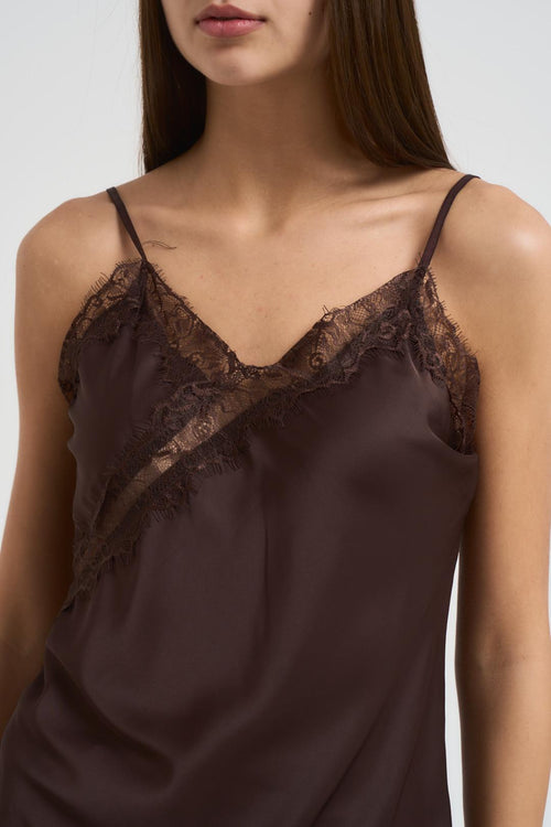 Top donna con pizzo asimmetrico marrone - 2